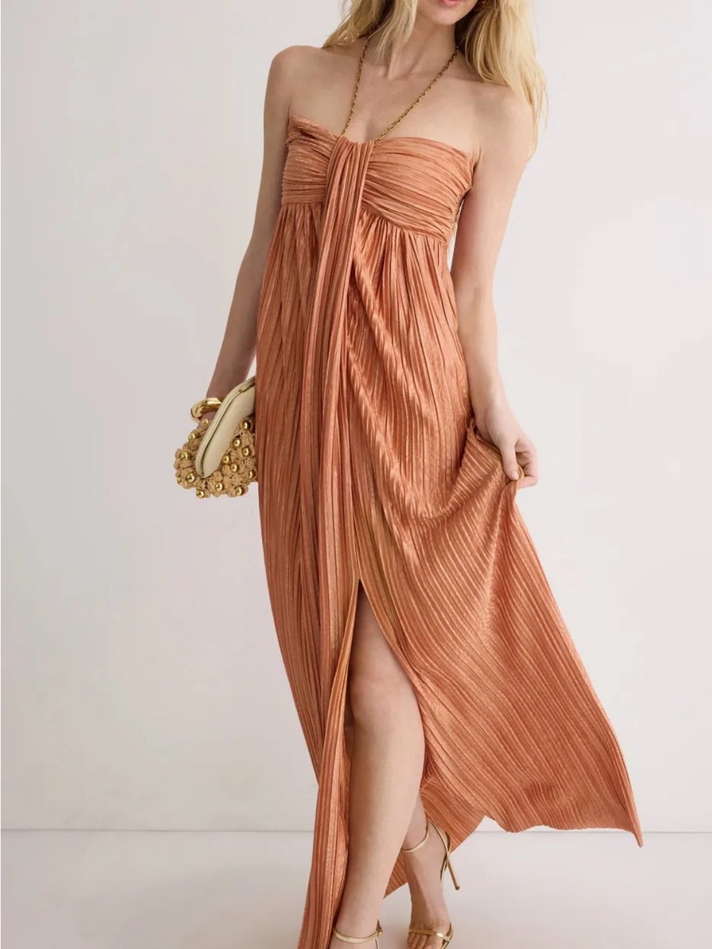 Sabina Musayev Nicola Spaghetti Strap Pleated Maxi Dress in Copper Bronze